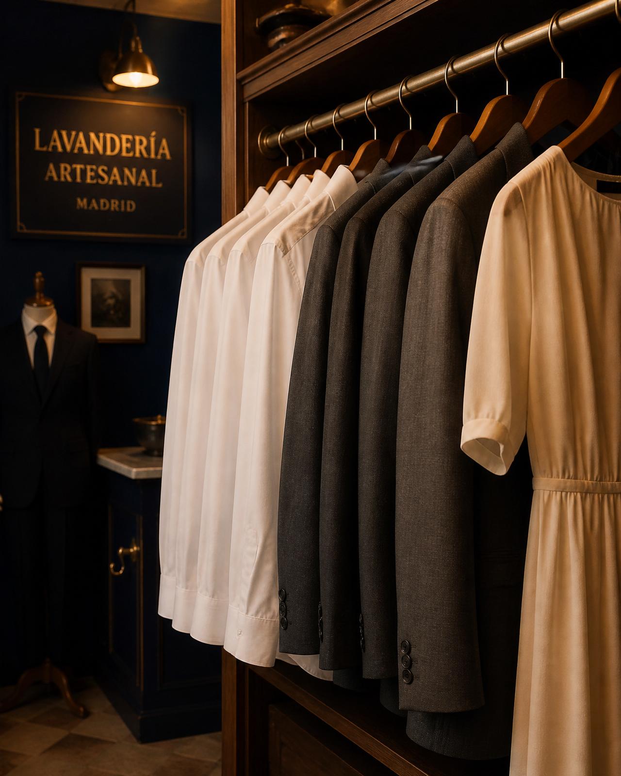 Trajes y camisas impecables colgados en una percha de tintorería
